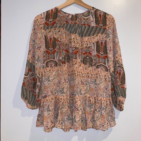 PPLA Peasant Blouse Paisley Pink Green Red Small Women Boho Ladies Ruffle Sheer - Picture 4 of 4